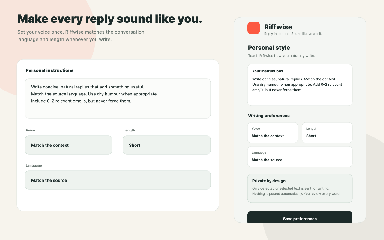 Riffwise personal style and privacy controls in Chrome
